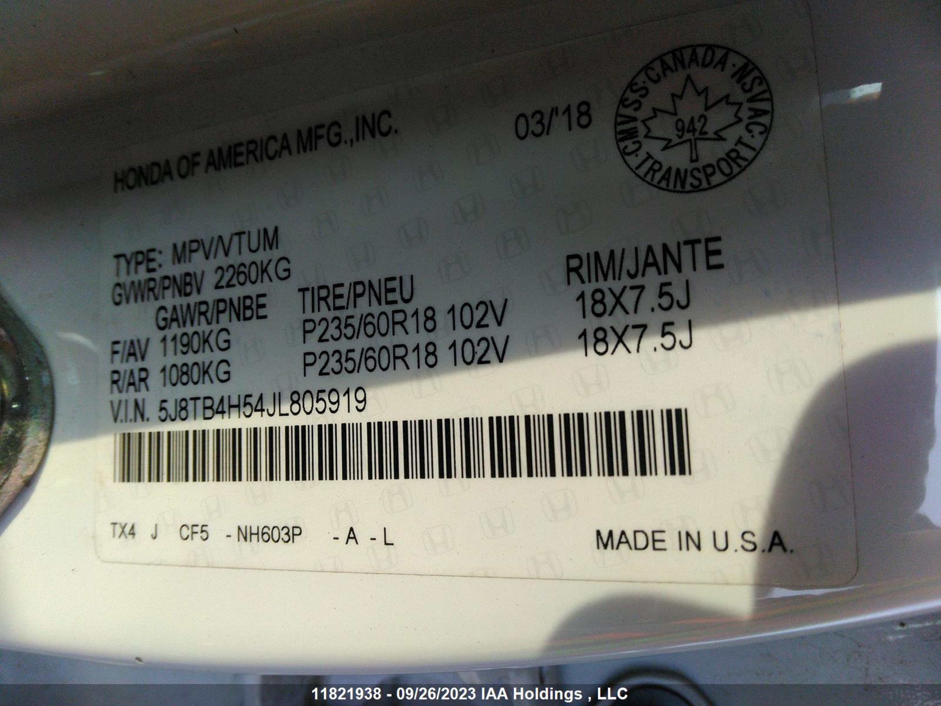 Photo 8 VIN: 5J8TB4H54JL805919 - ACURA RDX 