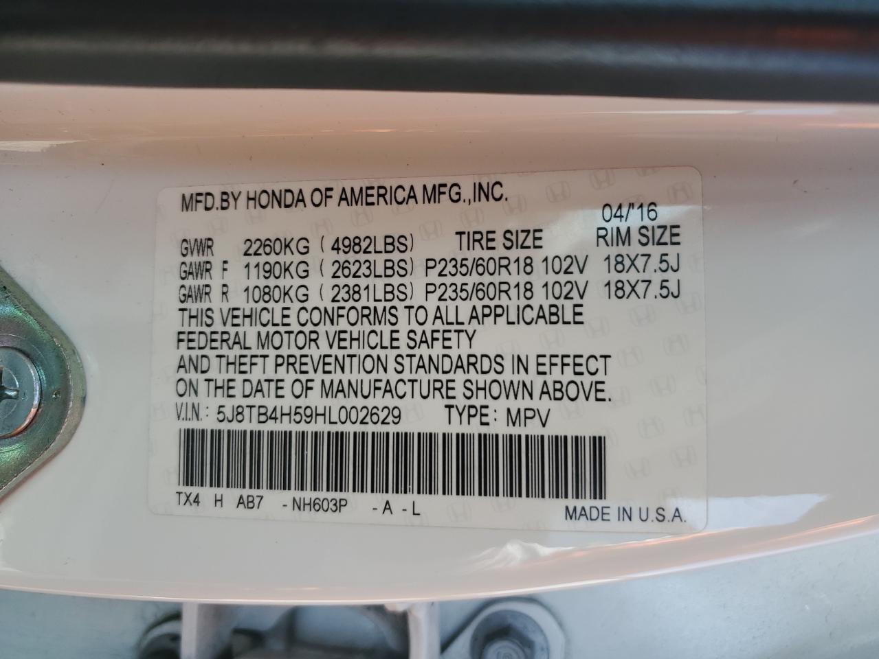 Photo 12 VIN: 5J8TB4H59HL002629 - ACURA RDX 