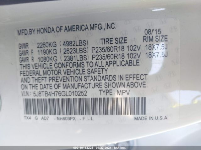 Photo 8 VIN: 5J8TB4H76GL010252 - ACURA RDX 