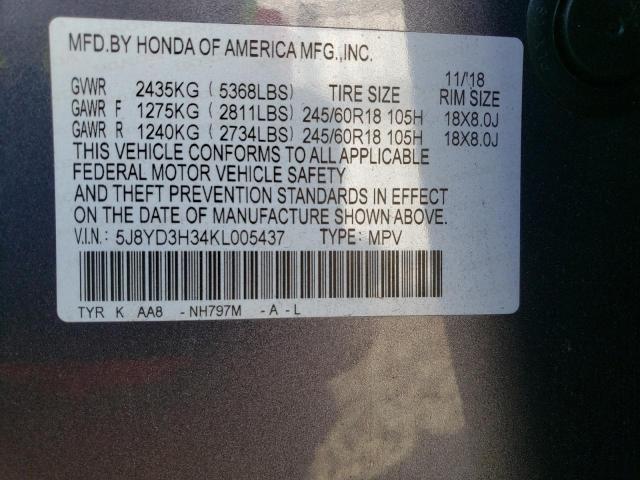 Photo 12 VIN: 5J8YD3H34KL005437 - ACURA MDX 