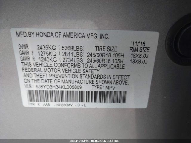 Photo 8 VIN: 5J8YD3H34KL005809 - ACURA MDX 