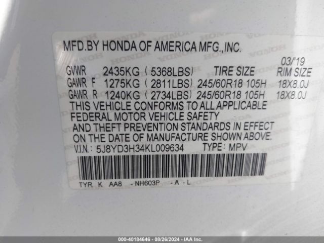 Photo 8 VIN: 5J8YD3H34KL009634 - ACURA MDX 