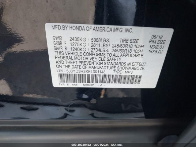 Photo 8 VIN: 5J8YD3H3XKL001148 - ACURA MDX 