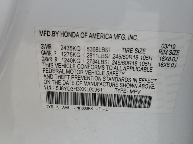 Photo 9 VIN: 5J8YD3H3XKL009511 - ACURA MDX 