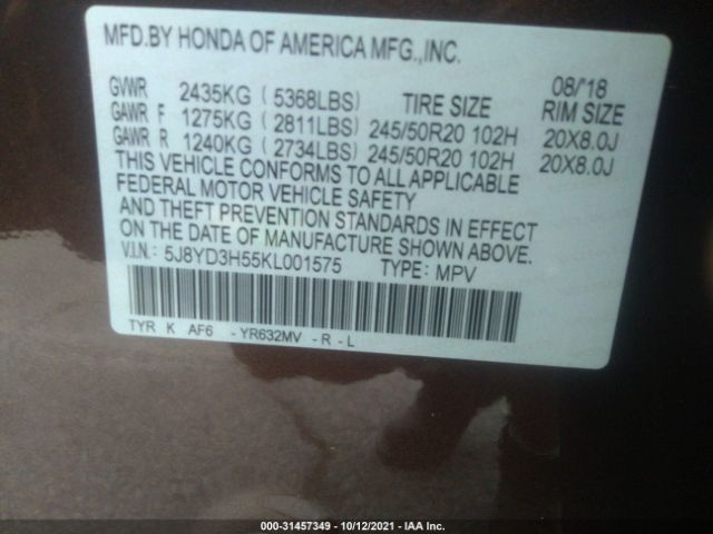 Photo 8 VIN: 5J8YD3H55KL001575 - ACURA MDX 