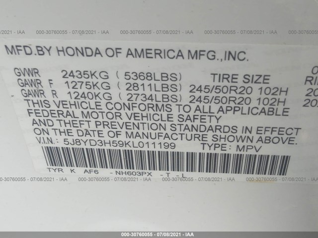 Photo 8 VIN: 5J8YD3H59KL011199 - ACURA MDX 