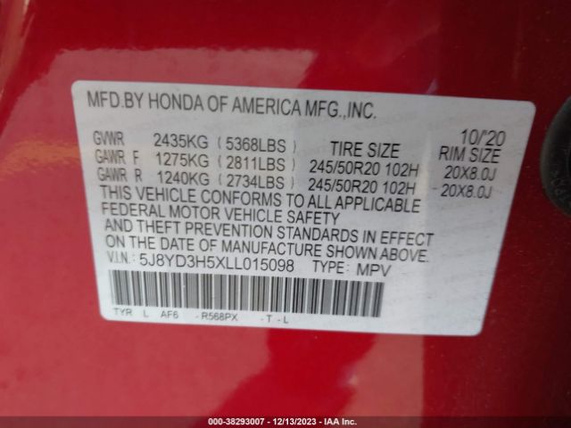 Photo 8 VIN: 5J8YD3H5XLL015098 - ACURA MDX 