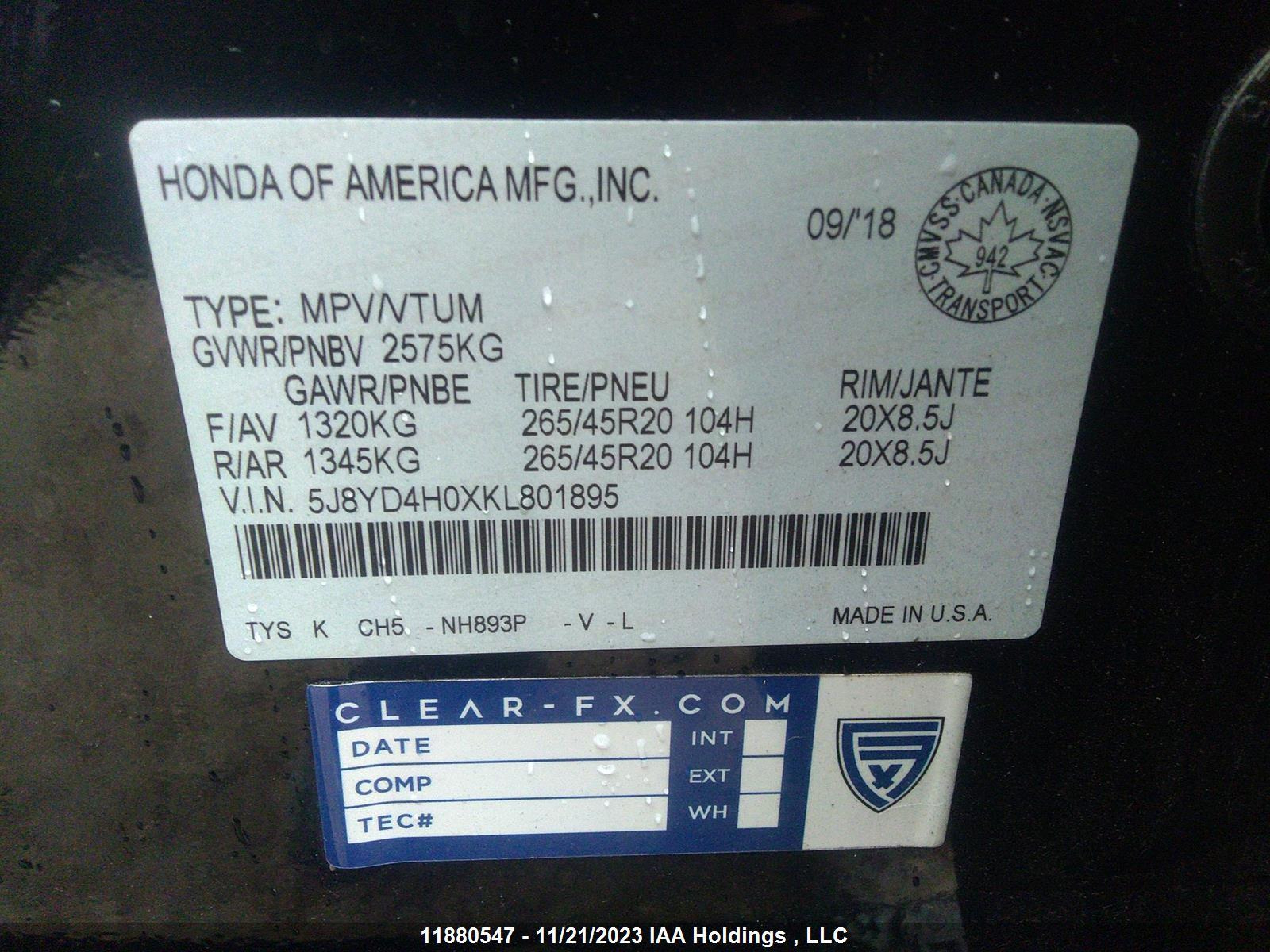 Photo 7 VIN: 5J8YD4H0XKL801895 - ACURA MDX 