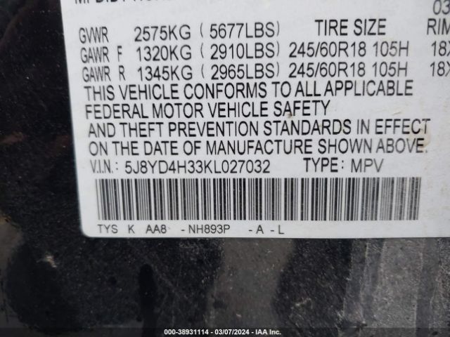 Photo 8 VIN: 5J8YD4H33KL027032 - ACURA MDX 