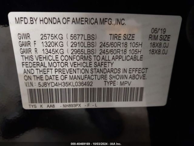 Photo 8 VIN: 5J8YD4H35KL036492 - ACURA MDX 