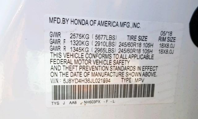 Photo 9 VIN: 5J8YD4H36JL021594 - ACURA MDX 