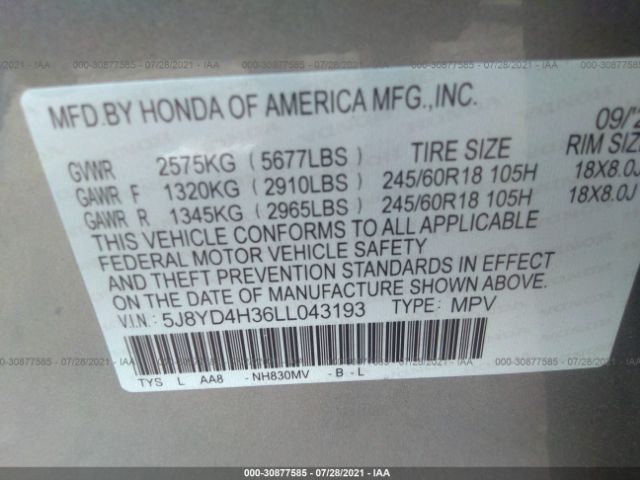 Photo 8 VIN: 5J8YD4H36LL043193 - ACURA MDX 