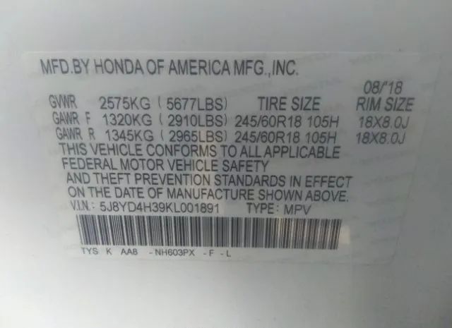 Photo 8 VIN: 5J8YD4H39KL001891 - ACURA MDX 