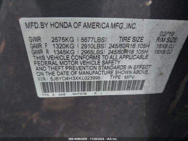 Photo 8 VIN: 5J8YD4H3XKL023995 - ACURA MDX 