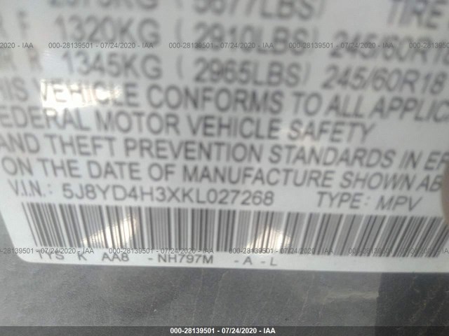 Photo 8 VIN: 5J8YD4H3XKL027268 - ACURA MDX 