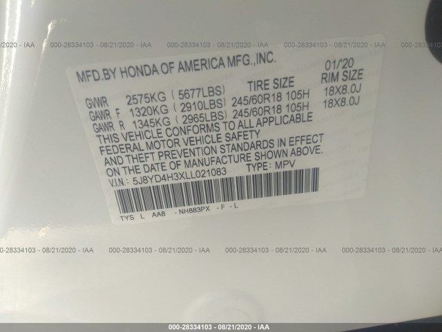 Photo 8 VIN: 5J8YD4H3XLL021083 - ACURA MDX 