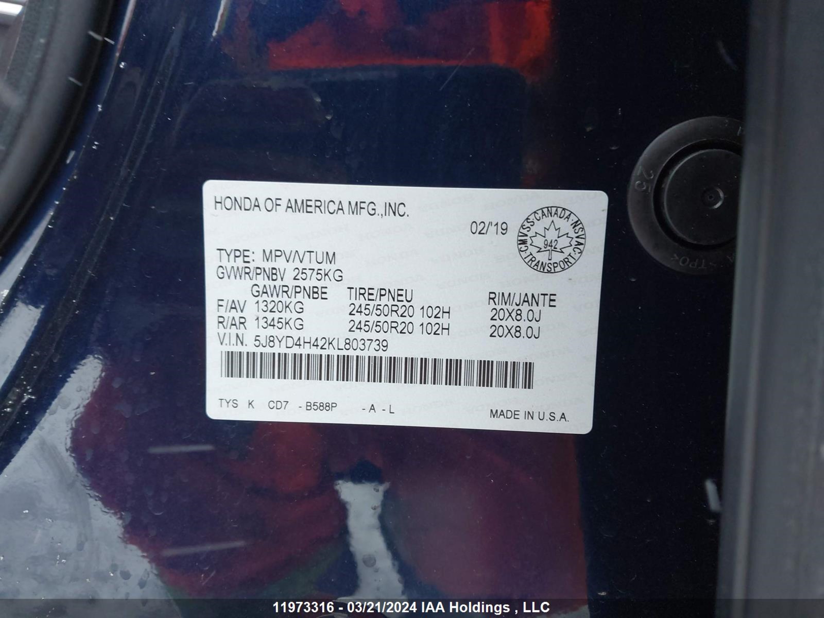 Photo 8 VIN: 5J8YD4H42KL803739 - ACURA MDX 