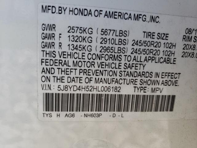 Photo 9 VIN: 5J8YD4H52HL006182 - ACURA MDX TECHNO 