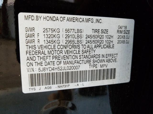 Photo 9 VIN: 5J8YD4H52JL020007 - ACURA MDX TECHNO 