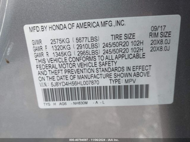 Photo 8 VIN: 5J8YD4H56HL007870 - ACURA MDX 