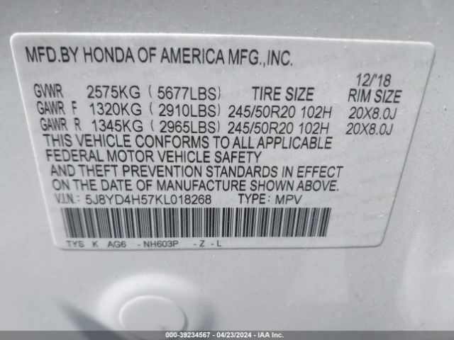 Photo 8 VIN: 5J8YD4H57KL018268 - ACURA MDX 