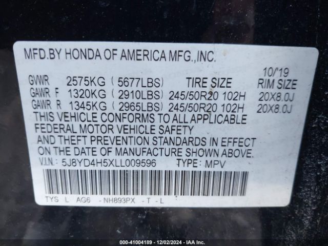 Photo 8 VIN: 5J8YD4H5XLL009596 - ACURA MDX 