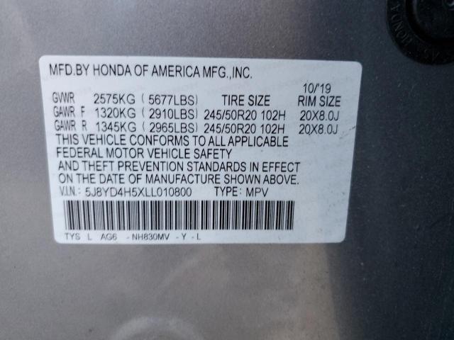 Photo 9 VIN: 5J8YD4H5XLL010800 - ACURA MDX TECHNO 