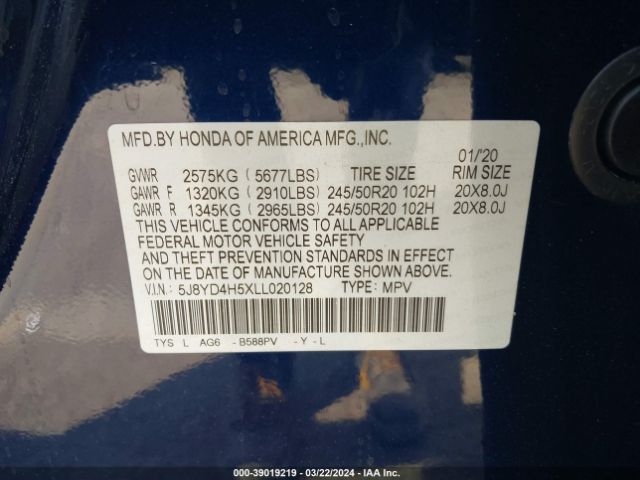 Photo 8 VIN: 5J8YD4H5XLL020128 - ACURA MDX 