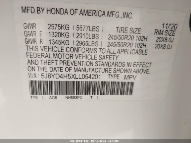 Photo 8 VIN: 5J8YD4H5XLL054201 - ACURA MDX 