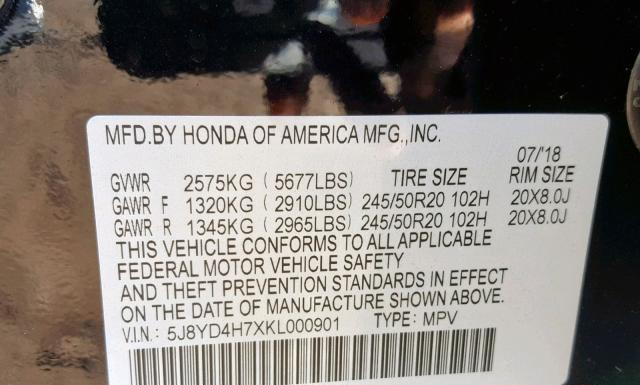 Photo 9 VIN: 5J8YD4H7XKL000901 - ACURA MDX 