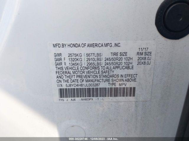 Photo 8 VIN: 5J8YD4H81JL003287 - ACURA MDX 