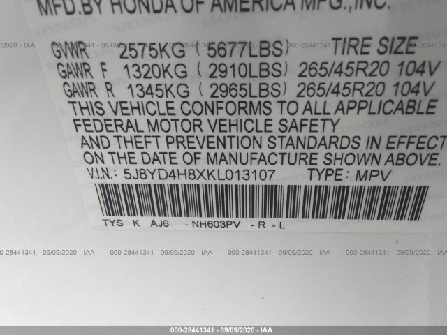 Photo 8 VIN: 5J8YD4H8XKL013107 - ACURA MDX 