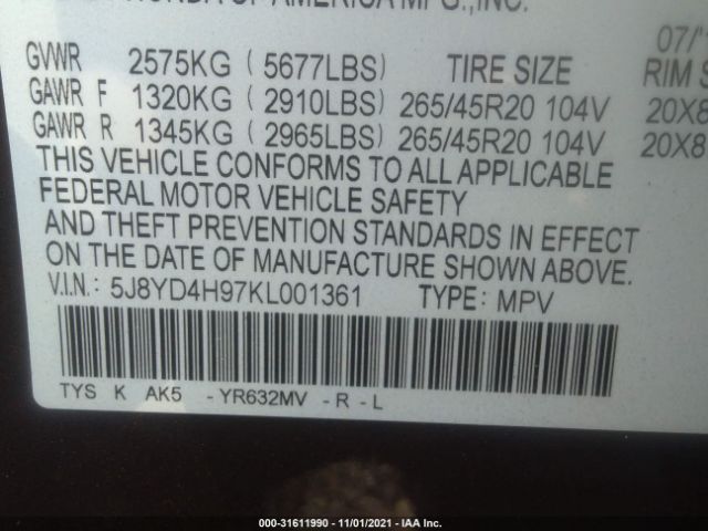 Photo 8 VIN: 5J8YD4H97KL001361 - ACURA MDX 