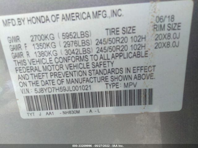 Photo 8 VIN: 5J8YD7H59JL001021 - ACURA MDX 