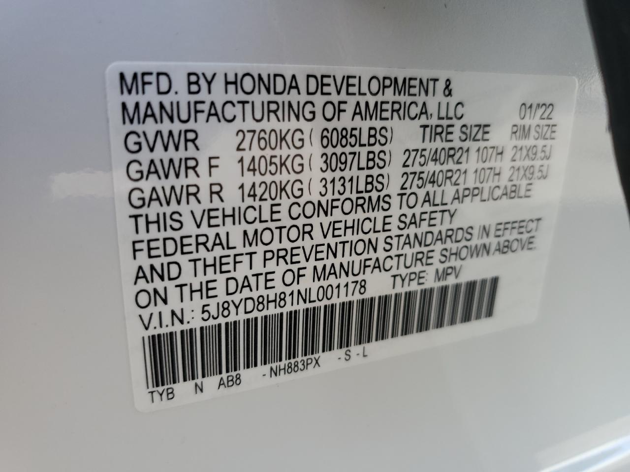 Photo 13 VIN: 5J8YD8H81NL001178 - ACURA MDX 