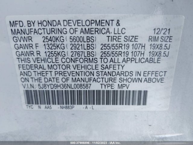 Photo 8 VIN: 5J8YD9H36NL008587 - ACURA MDX 