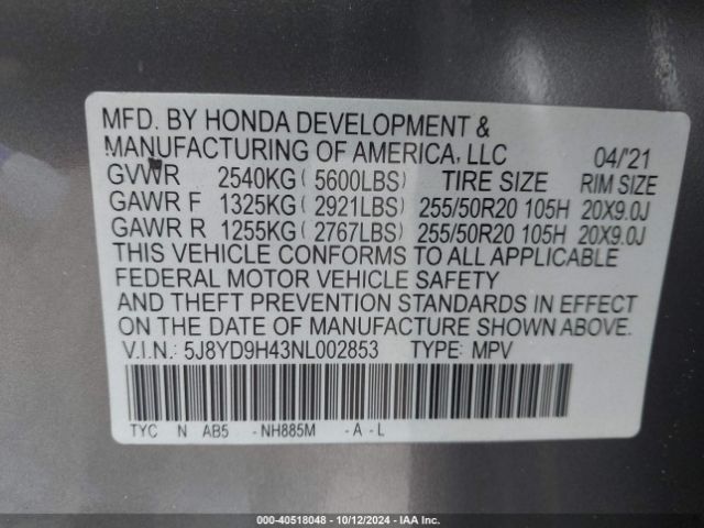 Photo 8 VIN: 5J8YD9H43NL002853 - ACURA MDX 