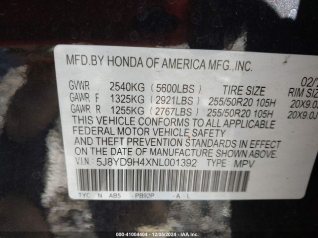 Photo 8 VIN: 5J8YD9H4XNL001392 - ACURA MDX 