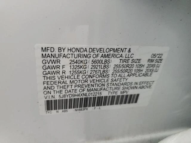 Photo 12 VIN: 5J8YD9H4XNL012215 - ACURA MDX TECHNO 