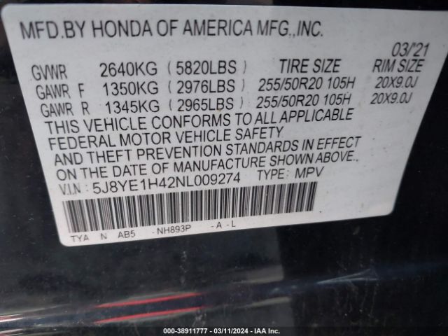 Photo 8 VIN: 5J8YE1H42NL009274 - ACURA MDX 