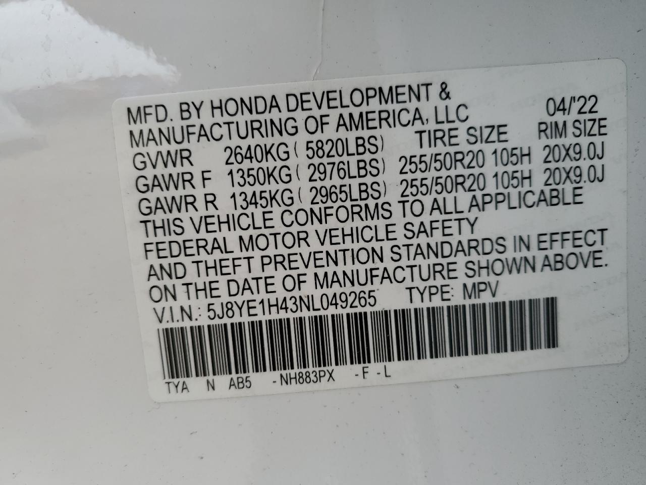 Photo 12 VIN: 5J8YE1H43NL049265 - ACURA MDX 