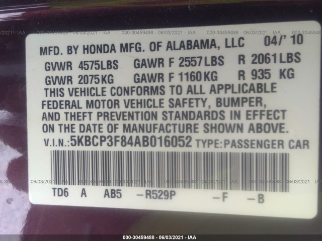 Photo 8 VIN: 5KBCP3F84AB016052 - HONDA ACCORD SDN 