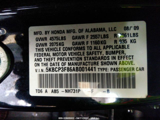 Photo 8 VIN: 5KBCP3F86AB001441 - HONDA ACCORD SDN 