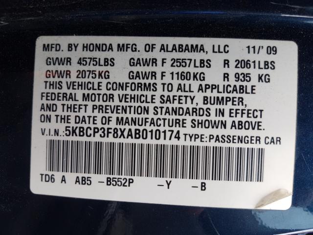 Photo 9 VIN: 5KBCP3F8XAB010174 - HONDA ACCORD EXL 