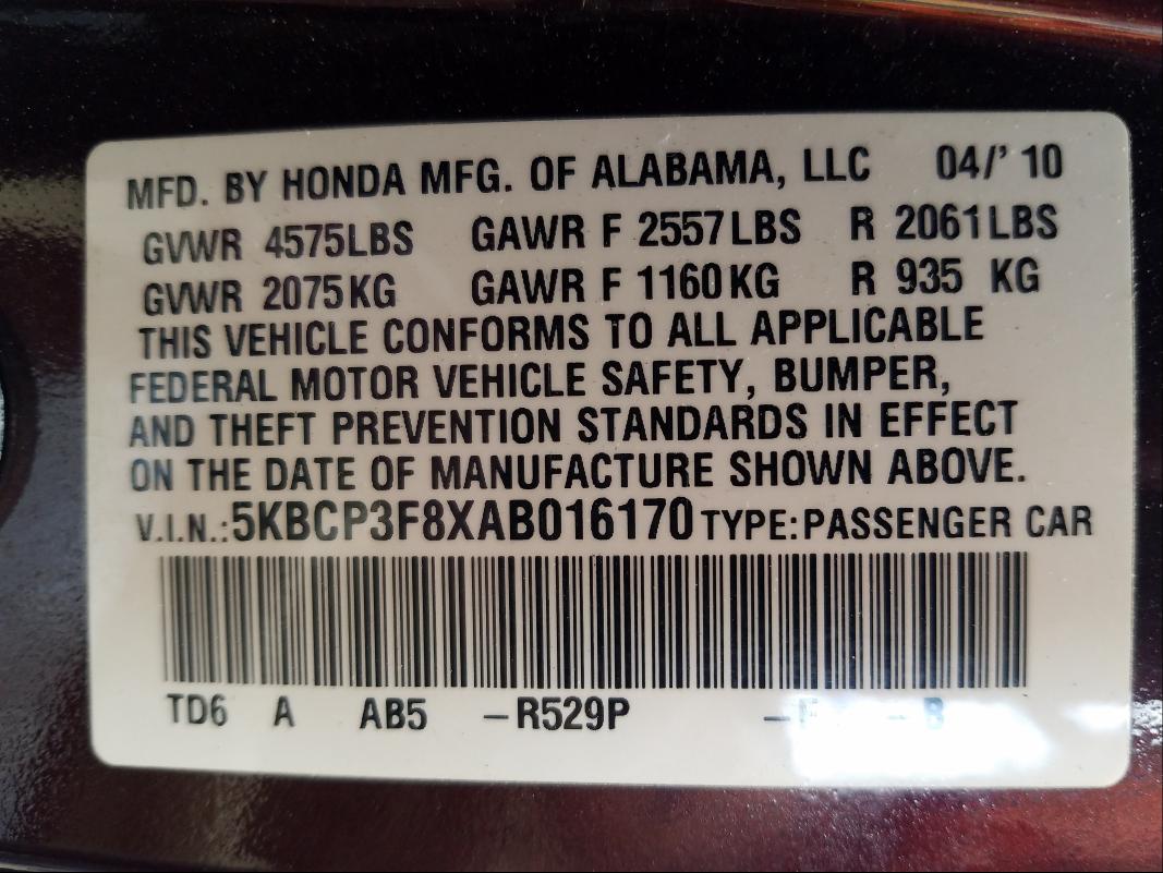 Photo 9 VIN: 5KBCP3F8XAB016170 - HONDA ACCORD EXL 