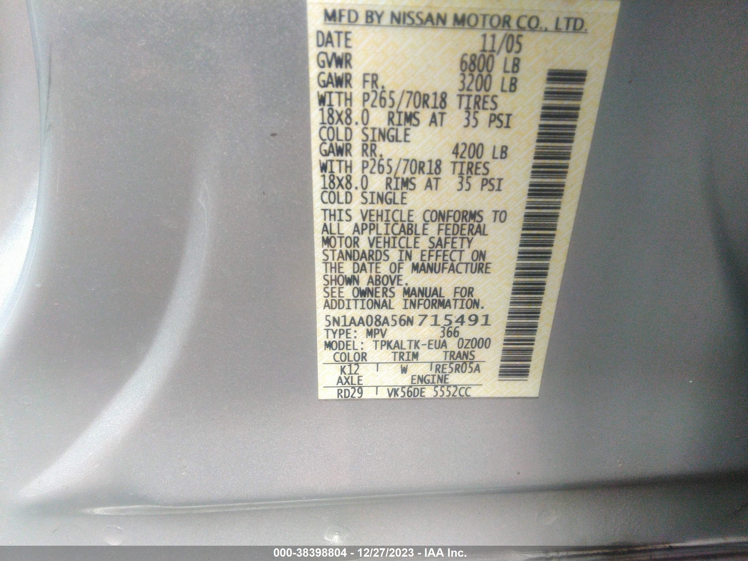 Photo 8 VIN: 5N1AA08A56N715491 - NISSAN ARMADA 