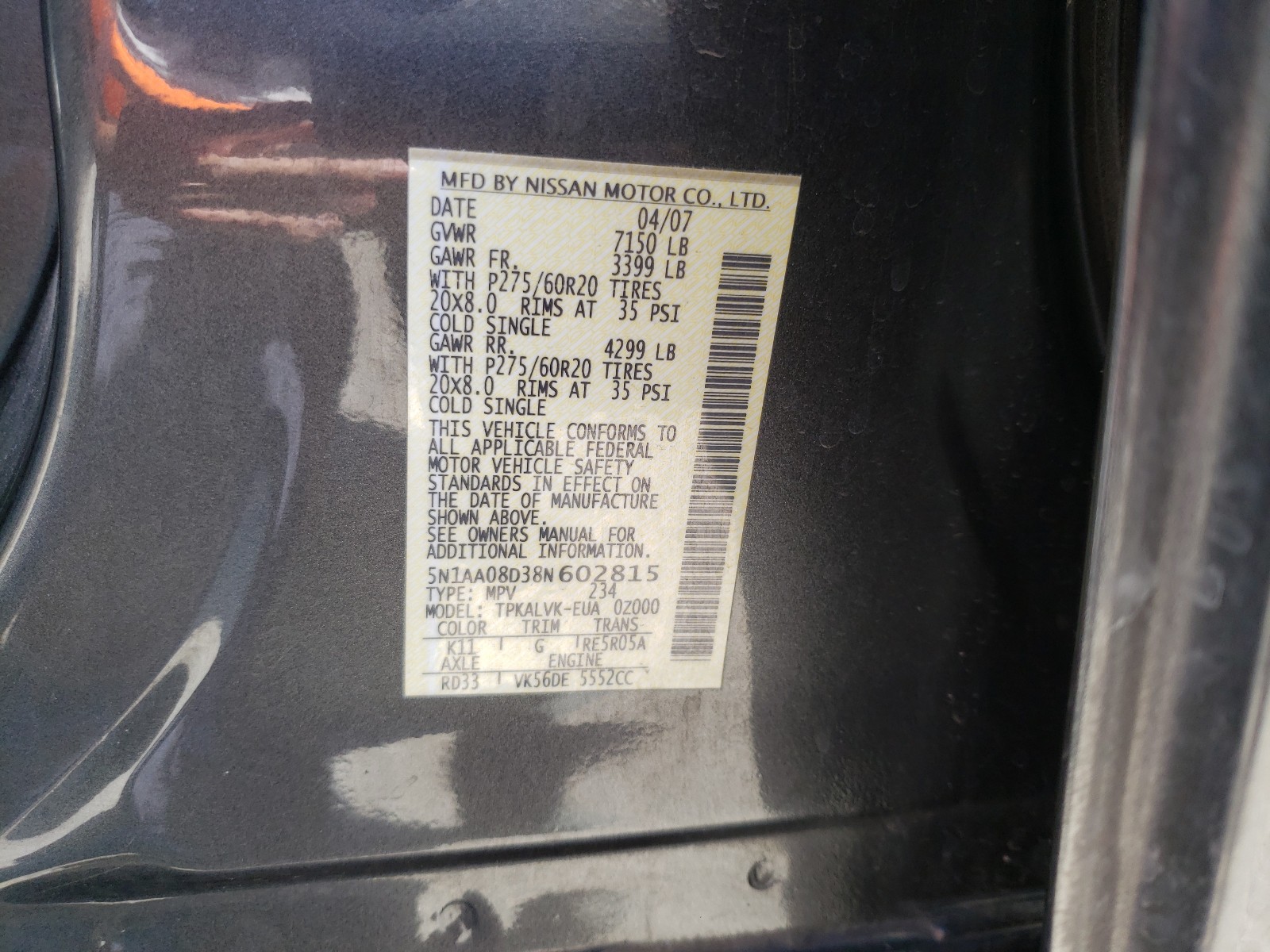 Photo 9 VIN: 5N1AA08D38N602815 - NISSAN ARMADA SE 