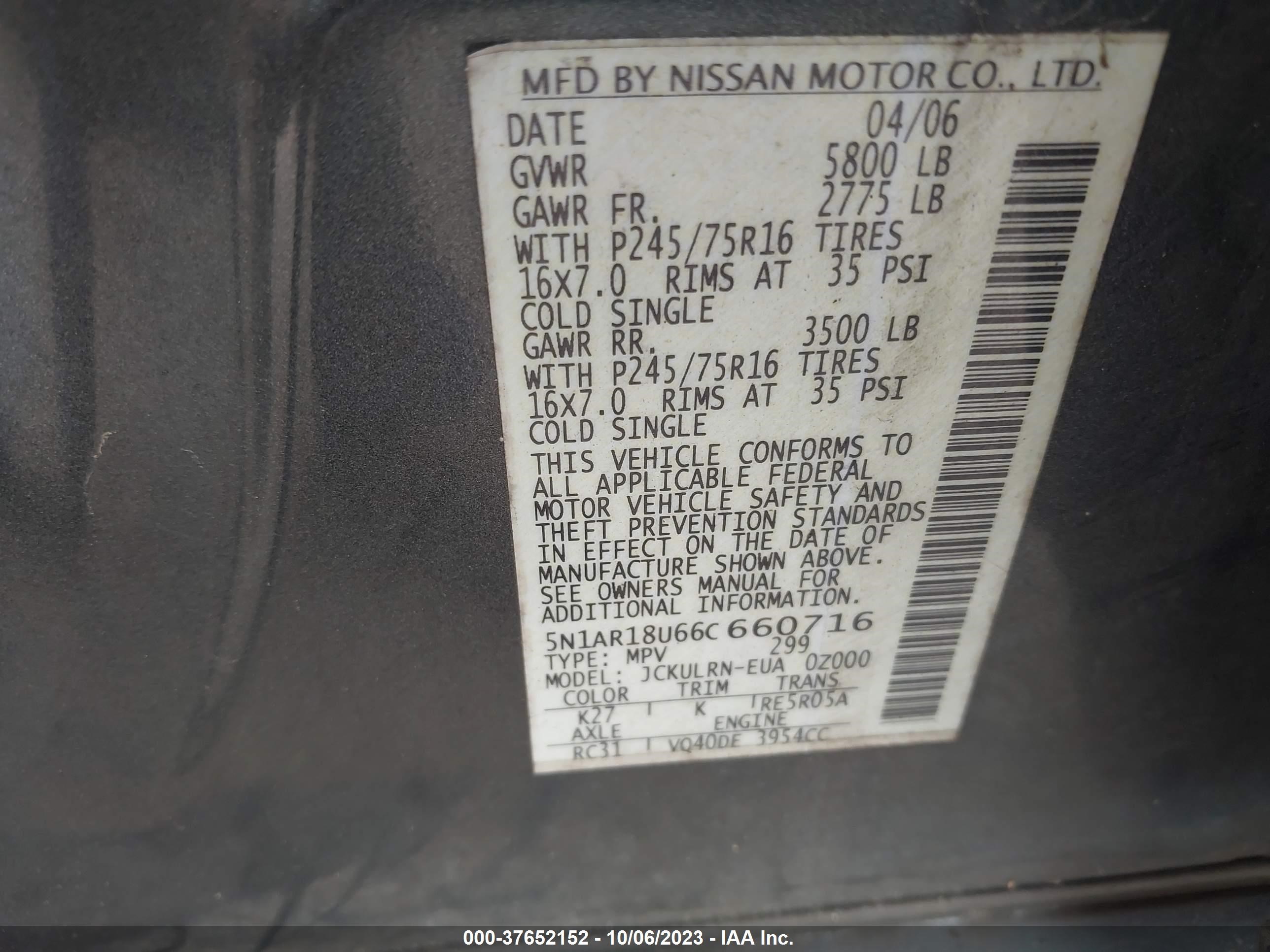 Photo 8 VIN: 5N1AR18U66C660716 - NISSAN PATHFINDER 