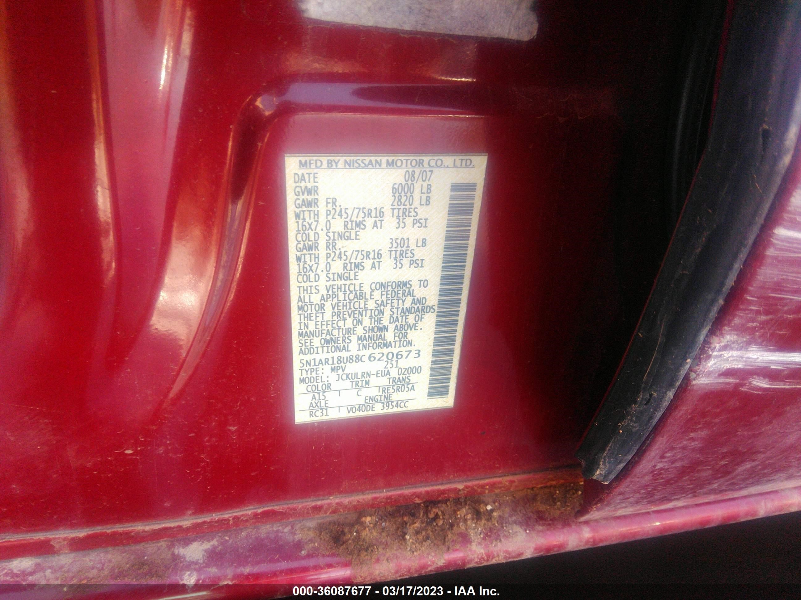 Photo 8 VIN: 5N1AR18U88C620673 - NISSAN PATHFINDER 