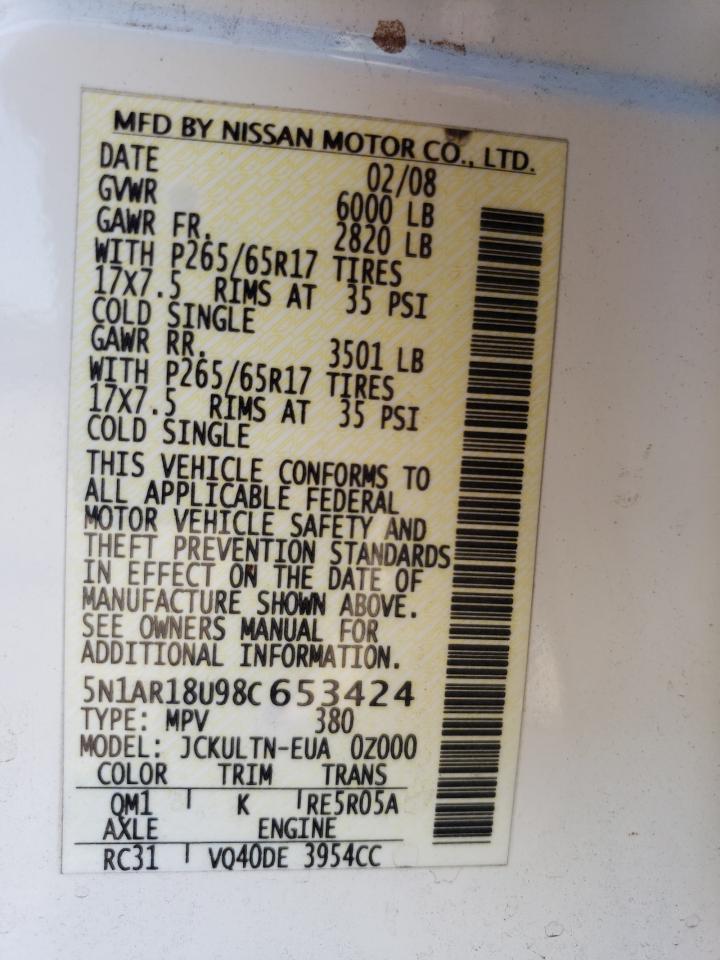 Photo 12 VIN: 5N1AR18U98C653424 - NISSAN PATHFINDER 